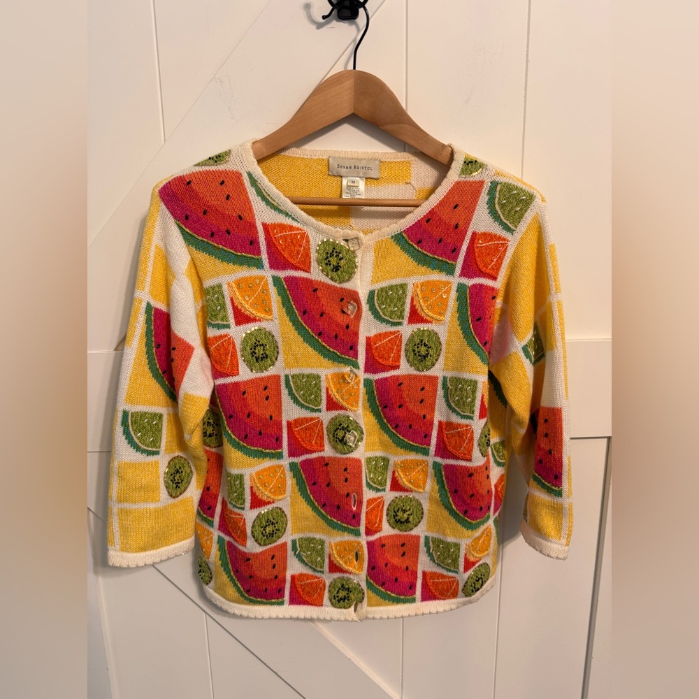 Vintage Susan Bristol Multicolor Fruit Pattern Cardigan Y2K 2001 Beaded Cardigan